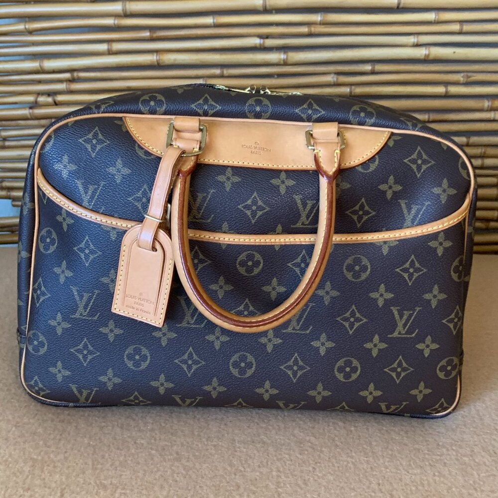 Louis Vuitton LV Logo Deauville HandBag Monogram Leather Brown Tote Purse EUC